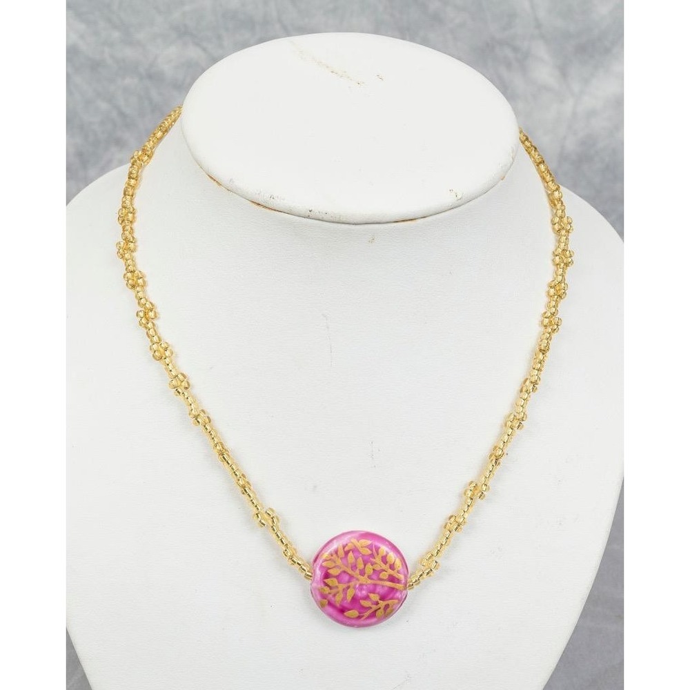 Tree of Life Pink Gold Pendant Necklace Gold Tone Seed Bead 17 Inch Boho Jewelry